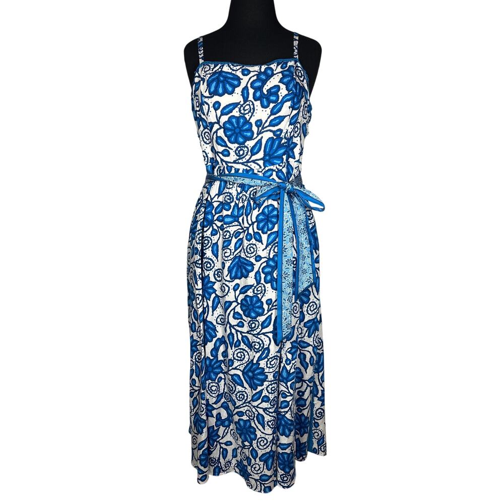 Current Air Anthropologie Blue Linen Floral Printed Spaghetti Strap Midi Dress L